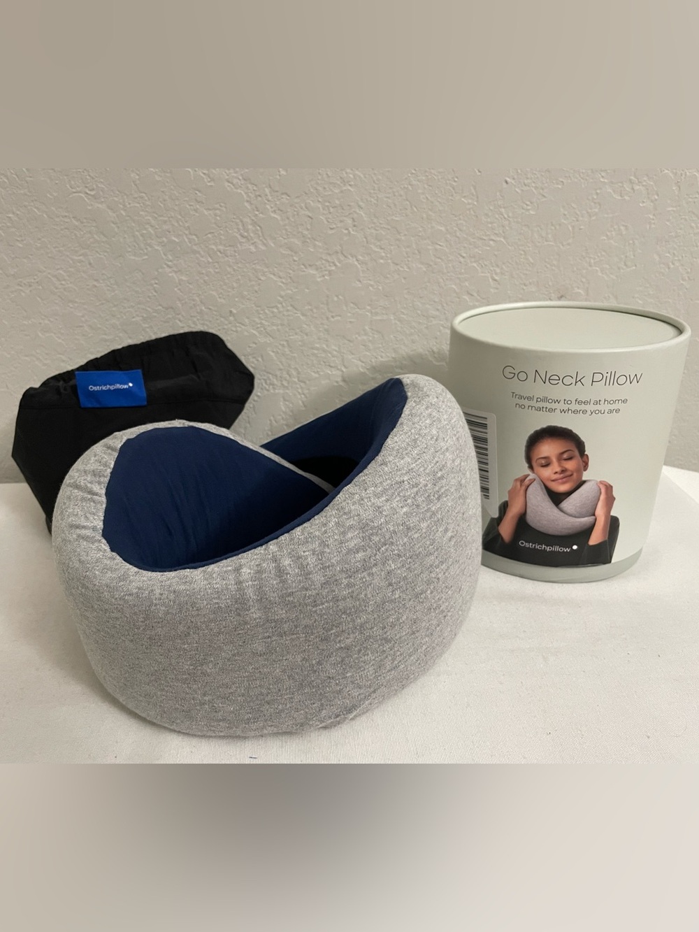 OstrichPillow Go Neck Pillow - Premium Memory Foam Travel Pillow Light Gray/Navy
